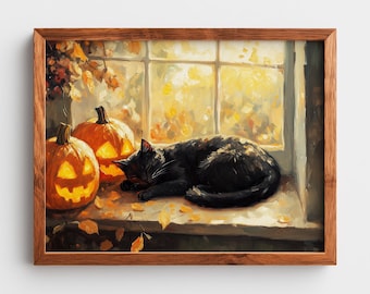 May include: A framed painting shows a black cat asleep on a windowsill, with two carved pumpkins and autumn leaves. The background features a sunlit window with fall foliage. The artwork uses warm tones, creating a cosy autumn scene.