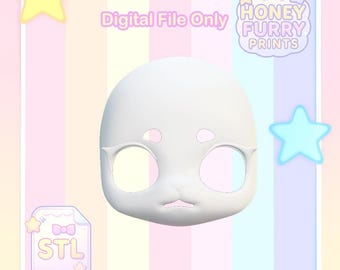 Puede incluir: Una máscara blanca en forma de gato con grandes aberturas para los ojos y una boca y nariz pequeñas. El texto "Digital File Only" está encima de la máscara. La imagen también incluye el texto "HONEY FURRY PRINTS" y un icono "STL".