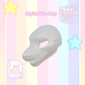May include: A plain white fursuit mask with a dog-like snout and eye holes. The image includes the text "Digital File Only", indicating a digital product. The image also features the text "HONEY FURRY PRINTS" and an "STL" icon.