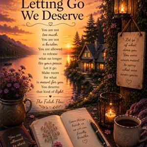 May include: A digital art print titled The Letting Go We Deserve, featuring a sunset lake scene, a cosy cabin, and an open book with the text Some things break us so we can finally breathe. Includes a lantern, a mug, and floral accents.