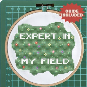 May include: A cross-stitch embroidery kit in a wooden hoop. The design features the text "EXPERT IN MY FIELD" in white, set against a green background with colorful floral accents. A red starburst tag reads "GUIDE INCLUDED".