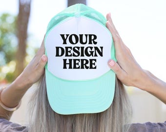 Otto Trucker Hat Mockup, Seafoam White Mesh Cap Mockup, Your Design Here Hat, Unisex Trucker Cap, Flat Lay Hat Mockup, Boho Trucker Hat