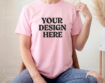 Light Pink Gildan 6400 T-Shirt Mockup Flat Lay Sitting Pose JPEG Shirt Template for Etsy POD Shops Sublimation DTG Display