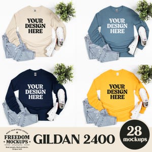 May include: Four long-sleeved shirts in beige, blue, navy, and yellow, each with the text "YOUR DESIGN HERE." The shirts are displayed with jeans and white trainers. The image includes the text "GILDAN 2400" and "28 mockups."
