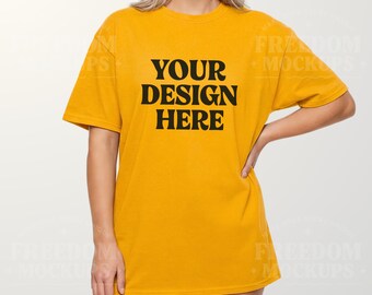 Gold Gildan 5000 T-Shirt Mockup JPEG Woman Model Flat Lay Bright Yellow Shirt Template for Etsy POD Shops Sublimation DTG Display