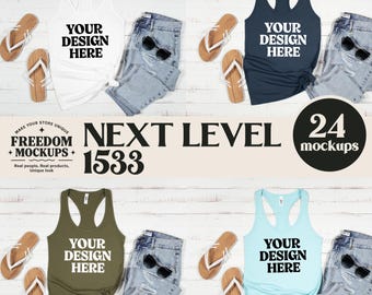 Könnte beinhalten: Ein Mockup mit vier Tanktops in Weiß, Marineblau, Olivgrün und Hellblau, jeweils kombiniert mit Jeansshorts, Sonnenbrillen und Sandalen. Der Text "YOUR DESIGN HERE" ist auf jedem Tanktop aufgedruckt. Das Bild enthält auch den Text "NEXT LEVEL 1533" und "24 Mockups".