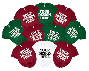 Christmas Bella Canvas 3001 Group Shirt Mockup, Trendy Colorful Christmas Group Flatlay Mockup, BC 3001 Group Mockup