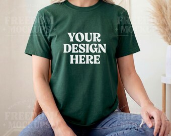 Forest Gildan 6400 T-Shirt Mockup Dark Green Flat Lay Sitting Pose JPEG Shirt Template for Etsy POD Shops Sublimation DTG Display