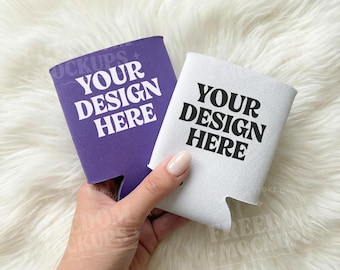 Can Cooler Mockup Purple Handheld, Drink Can Holder Mockup, Realistic Can Cooler Mockup for Branding and Sublimation