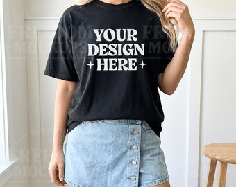 Comfort Colors 1717 Black Mockup, Lifestyle Tshirt Mockup Woman Model JPEG, POD Shirt Mockup Digital Download Etsy Seller