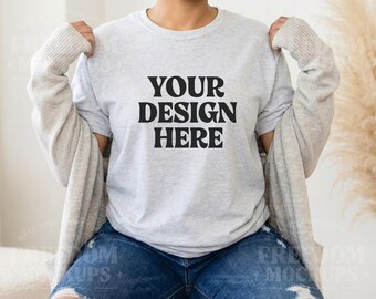 Gildan 5000 Ash Gray T-Shirt Mockup for Print on Demand Shops, Lifestyle Photo for Etsy Shirt Listing, High Quality JPG Image
