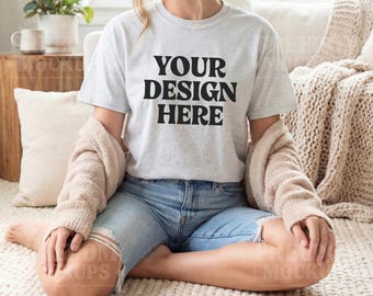Gildan 5000 Ash T-Shirt Mockup JPEG Flatlay Lifestyle Photo for Shirt Listing Display Digital Product for Etsy Sellers
