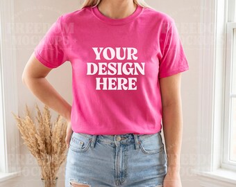 Heliconia Gildan 5000 T-Shirt Mockup Bright Pink Flat Lay JPEG Shirt Template for Etsy POD Shops Sublimation DTG Digital Display