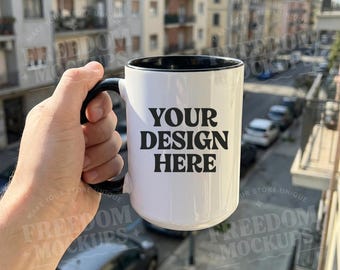 Black Accent Mug Mockup JPG with Hand Holding Cup in Urban Balcony Scene | Realistic Outdoor Lifestyle Coffee Cup Mockup