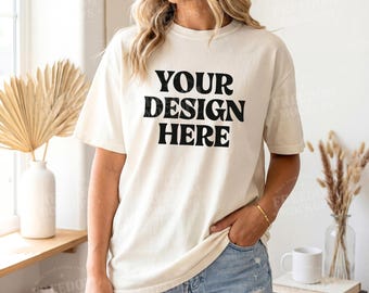 Comfort Colors C1717 Ivory Tshirt Mockup Female Model Boho Ivory Shirt Oversized C1717 Outdoor Mock Women Mockup Lifestyle C1717 Mockup