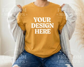 Gold Gildan 5000 T-Shirt Mockup for Etsy Sellers, Warm Yellow Shirt Lifestyle Image, High-Quality JPG for Print on Demand Display
