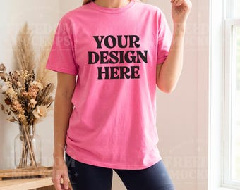 Gildan 5000 Azalea T-Shirt Mockup | Pink Shirt Mockup on Model | Lifestyle Mockup for Etsy, Canva & Photoshop | Digital Download