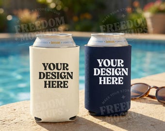 Maqueta de enfriador de latas junto a la piscina, maqueta de funda para una sola bebida con gafas de sol, maqueta de soporte para latas de estilo de vida veraniego para publicación en Etsy