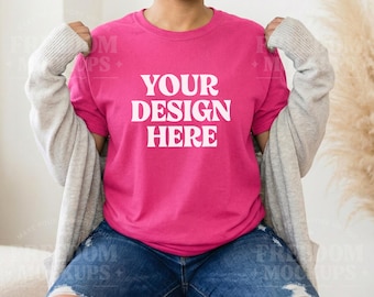 Heliconia Gildan 5000 T-Shirt Mockup for Etsy Shops, Bright Pink Shirt Mockup with Model, Lifestyle JPG for Print on Demand Listings