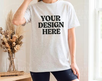 Gildan 5000 Ash T-Shirt Mockup - Lifestyle Photo for Etsy, Canva, Photoshop | Your Design Here Template