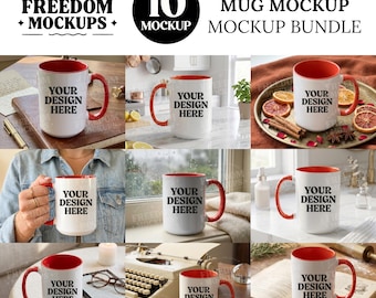 15oz Coffee Mug Mockup Bundle | Printify Accent White Mug Red Handle | Pinterest Lifestyle Aesthetic | Canva Editable Mockup
