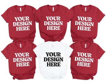 Bella Canvas 3001 Group Shirt Mockup, BC 3001 White Red Tshirt Mock-up, Trendy Christmas Unisex Group Flatlay, Real Product Mock