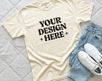 Ivory Comfort Colors 1717 Flat Lay Mockup, Cream Shirt Mockup With Jeans Sneakers, Tshirt Flat Lay Digital Download for Etsy POD Sellers