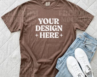 Comfort Colors 1717 Espresso Flat Lay Mockup, Brown Tshirt Mockup With Jeans, Shirt Flat Lay Digital Download, POD Etsy Seller Mockup JPEG
