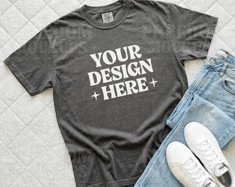 Comfort Colors 1717 Pepper Flat Lay Mockup, Dark Gray Tshirt Mockup With Jeans, Shirt Flat Lay Download, POD Etsy Seller Mockup JPEG File
