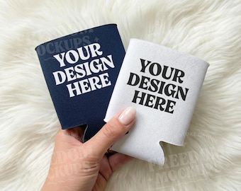 Can Cooler Mockup with Handheld Can Sleeves on Soft Fur Background, Minimal Cozy Drinkware Mockup for Branding