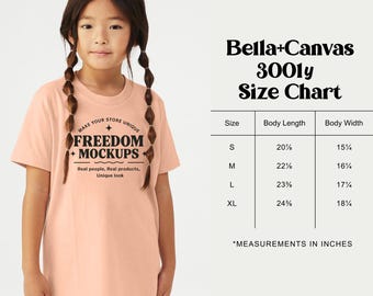 Bella Canvas 3001Y Video Größentabelle Mockup, Jugend Unisex Größentabelle Mockup, BC3001Y Größentabelle, T-Shirt Jugend Größentabelle, Echtes Produkt
