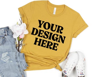 Bella Canvas 3001 Heather Mustard Shirt Flat Lay Mockup, BC 3001 Mustard Tshirt Mock-up, Real Product Mock, Simple Minimal Basic Flat Lay