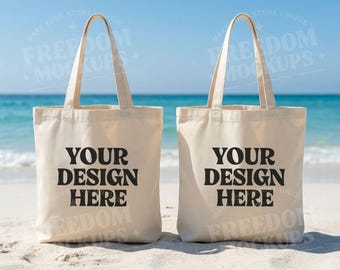 Beach Tote Bag Mockup with Two Cotton Canvas Bags on Sand, Summer Scene PSD and Canva Mockup for Eco Bag Design Display