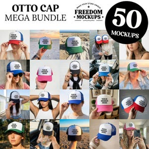 May include: A collection of Otto caps in various colors, including red, green, blue, pink, and black. Each cap features a white front panel with the text "YOUR DESIGN HERE". The image also includes the text "OTTO CAP MEGA BUNDLE" and "50 MOCKUPS".