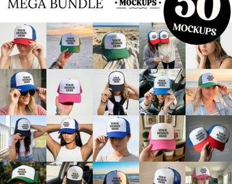 50 Trucker Hat Mockup Bundle, Mega Cap Mockup Set, Baseball Hat Lifestyle Photos, Summer Beach Car Outdoor JPG for Etsy