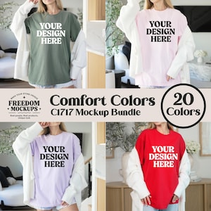 May include: A mockup bundle featuring four t-shirts in different colors: green, pink, purple, and red. Each shirt has the text "YOUR DESIGN HERE" in white. The image also includes the text "Comfort Colors C1717 Mockup Bundle" and "20 Colors".