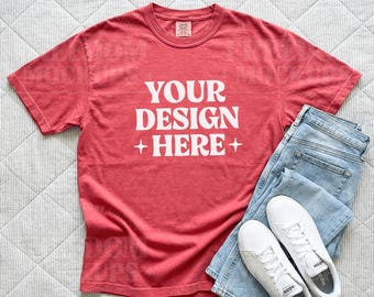 Comfort Colors 1717 Crimson Flat Lay Mockup, Red Tshirt Mockup With Jeans, Shirt Flat Lay Digital Download, POD Etsy Seller Mockup JPEG