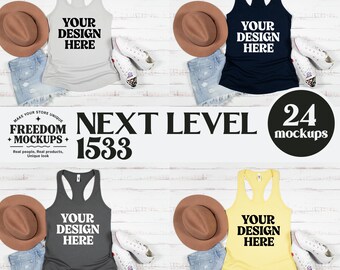 Könnte beinhalten: Ein Mockup mit vier Tanktops in Grau, Marine, Anthrazit und Gelb, jeweils mit dem Text "YOUR DESIGN HERE". Zubehör umfasst braune Hüte, Jeansshorts und Turnschuhe. Das Bild zeigt auch den Text "NEXT LEVEL 1533" und "24 Mockups".