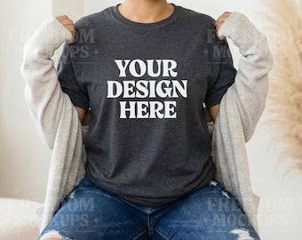 Dark Heather Gildan 5000 T-Shirt Mockup for Etsy Listings, Charcoal Gray Shirt Lifestyle Image, High Resolution JPG for POD Sellers