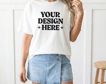 Comfort Colors White Mockup JPEG, 1717 Lifestyle White Shirt Mockup Woman Model, Etsy POD Digital Download Tshirt Mockup White