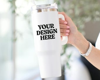40oz White Tumbler Mockup, Insulated Tumbler with Lid Mockup, Travel Mug Mockup, Large Handle Tumbler Mockup, Insulated Drinkware Mockup