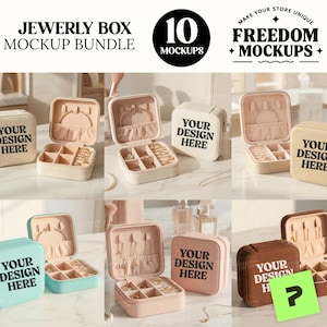 Puede incluir: Un paquete de maquetas de joyeros en varios colores, incluyendo beige, turquesa, rosa y marr&oacute;n. Cada caja est&aacute; abierta, mostrando compartimentos para joyas. El texto "JEWERLY BOX MOCKUP BUNDLE" y "10 MOCKUPS" son visibles.