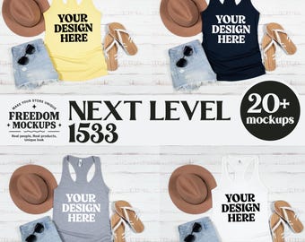 May include: Four tank tops in yellow, navy, gray, and white, each with "YOUR DESIGN HERE" printed in black. Accessories include brown hats, denim shorts, sunglasses, and flip-flops. The image also includes the text "NEXT LEVEL 1533" and "20+ mockups".