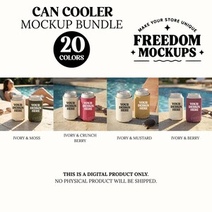 May include: A mockup bundle of can coolers in various colors, including ivory, moss, berry, and mustard. The image features several coolers with the text "YOUR DESIGN HERE" and the text "CAN COOLER MOCKUP BUNDLE" at the top.