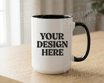 15oz Black Accent Mug Mockup JPG, Minimal Coffee Cup Scene with Natural Light for Sublimation and Etsy Product Presentation