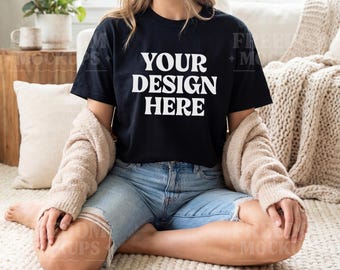 Black Gildan 5000 T-Shirt Mockup JPEG Lifestyle Flatlay Image for Etsy Display Photo Digital Shirt Template