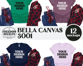Puede incluir: Cuatro camisetas en verde, morado, azul marino y lila claro, cada una con el texto "YOUR DESIGN HERE". Combinadas con vaqueros y una camisa a cuadros rojos y negros. La imagen también incluye el texto "BELLA CANVAS 3001" y "12 mockups".