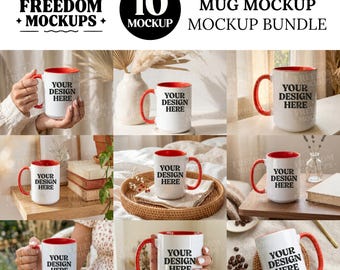 15oz Coffee Mug Mockup Bundle | Printify Accent White Mug Red Handle | Boho Aesthetic Lifestyle | Canva Editable Mockup