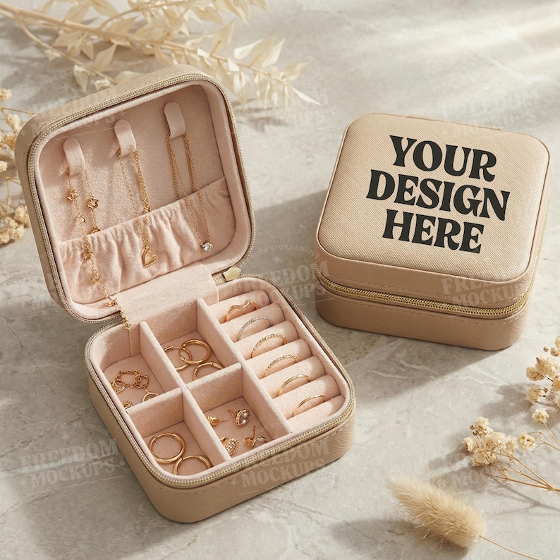 Puede incluir: Joyero beige con cremallera dorada y el texto "YOUR DESIGN HERE". La caja abierta revela un interior rosa con compartimentos para anillos, pendientes y collares. Se exhiben joyas de oro en el interior.