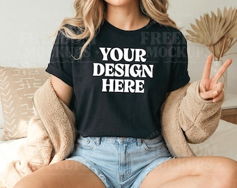 Boho Mockup Black Bella Canvas 3001 Shirt Mockup TShirt Mock Up JPG Stock Photo Digital Download